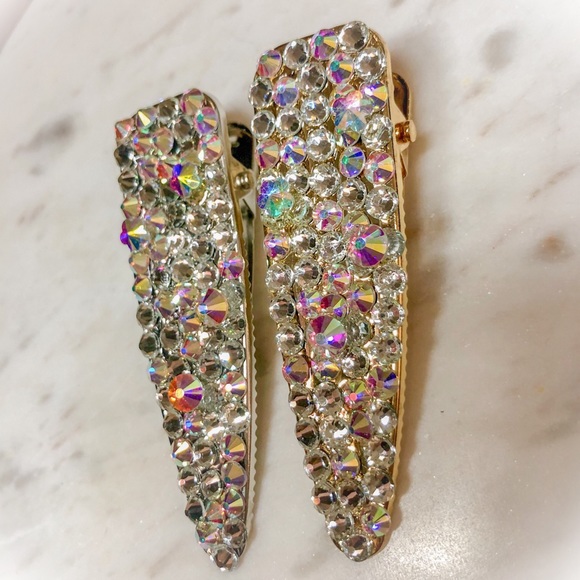 Iridescent Crystal Covered Barrette Hair Clips - Picture 6 of 8